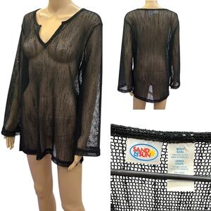 Sand N Sun Black Mesh Sequined Slit V Neck Beach Pullover Cover Up Womens Small